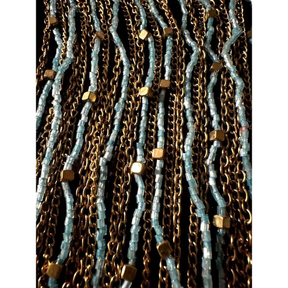 Boho Chic Fringe Bib Necklace Blue Gold Beads Gold Tone Chains Statement - Picture 4 of 9